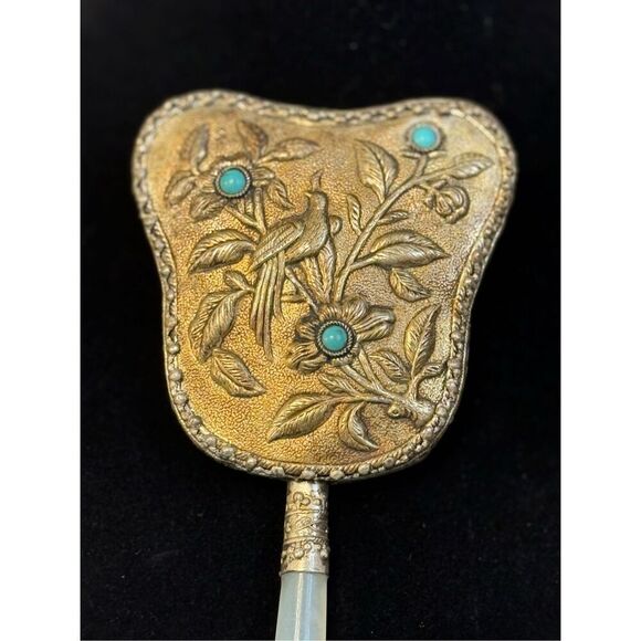 Vintage White Jade Hand Mirror Asian Bird Floral - Picture 7 of 10